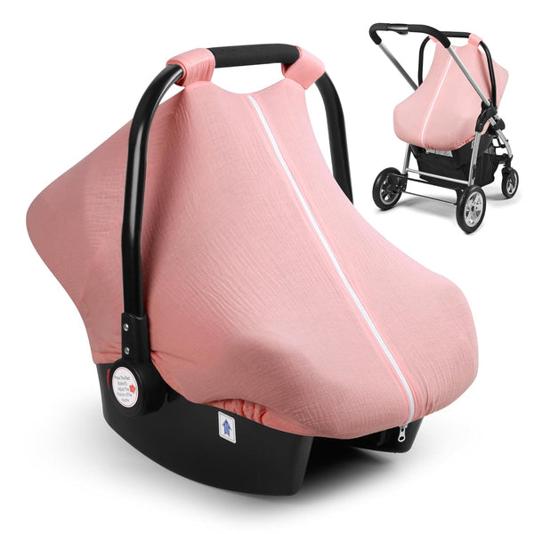 Elstey Muslin Baby Car Seat Cover, Breathable Canopy with Zipper Opening, Universal Fit for Infant Stroller