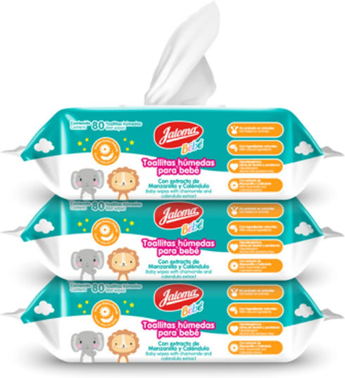 3Pack, 80 JALOMA Baby Wipes with Chamomile and Calendula Extract, Hypoallergenic and Paraben Free, Ct Each