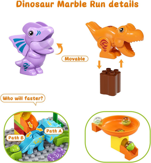 Kid Marble Run Building Blocks - Dinosaur Maze Puzzle Set, Compatible with Major Brands for Ages 3-8, 67PCS