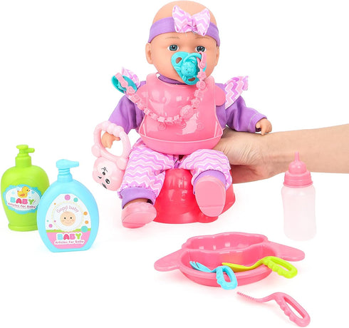 Set deAO Kids Baby Doll Stroller Nursery Role Play with a Variety of Feeding Toy and Play Mat Travel Cot Baby Carrier