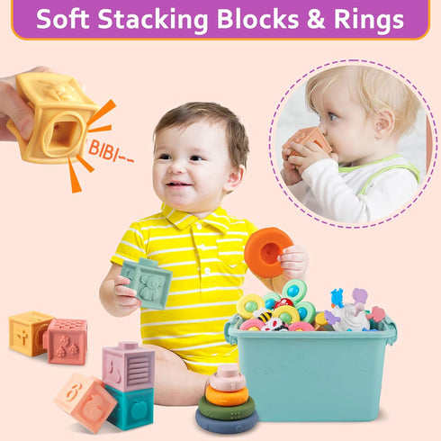 Baby Toys for 6 to 12 Months - Montessori Sensory Bins Toys for Toddlers, Pull String Teether, Stacking Blocks