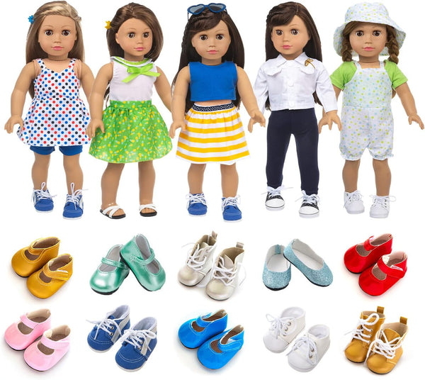 American 18 Inch Doll Clothes and Accessories, 5 Sets Doll Clothes Dress Outfits + 2 Random Style Shoes