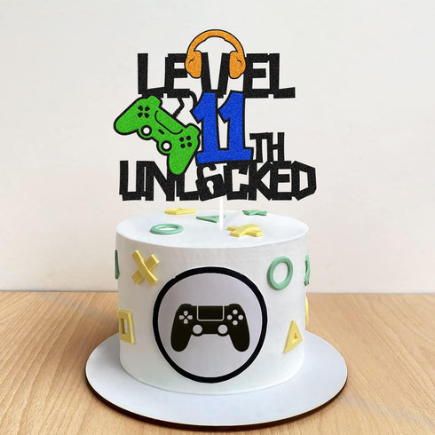Level 11th Unlocked Cake Topper, Happy 11th Birthday Cake Decoration, Video Game Controller Theme Supplies