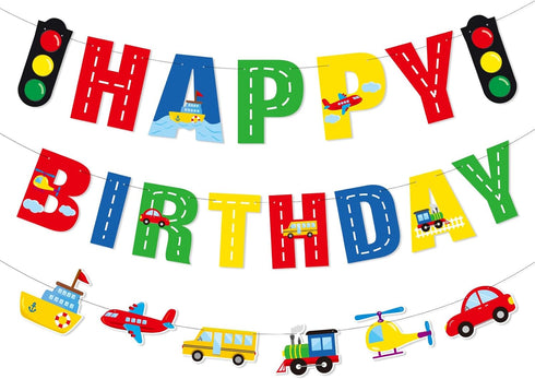 Faisichocalato Transportation Happy Birthday Banner, Car Bus Train Plane Photo Props Garland for Kids Party