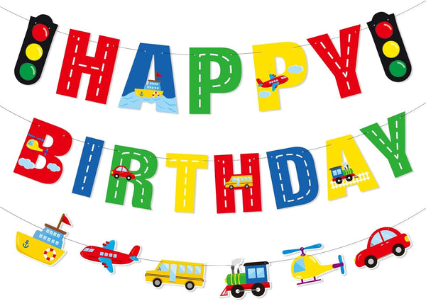 Faisichocalato Transportation Happy Birthday Banner, Car Bus Train Plane Photo Props Garland for Kids Party