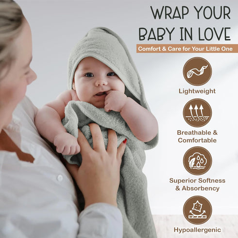 100% 31x31 Inches Organic Cotton Plush Woven Hooded Baby Bath Towels - Soft and Absorbent for Newborns and Kids, Baby