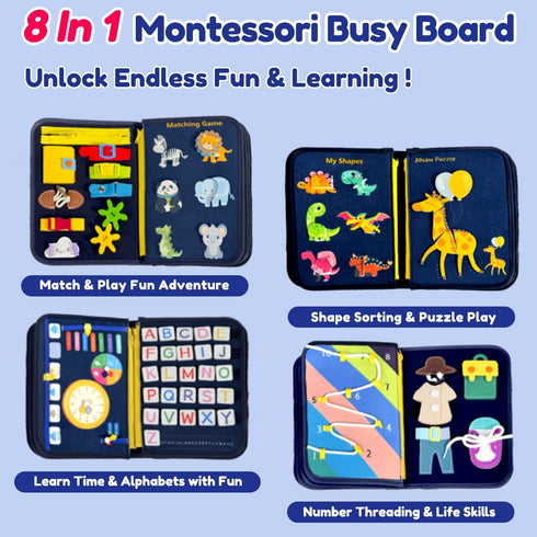 (Blue/P8) Qizfun Toddler Busy Board Montessori Toys Sensory Busy Book, Educational Learning Travel Toy for Airplane