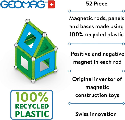GEOMAG Magnetic Toys | 52 Piece STEM Educational Building Set for Kids | 100% Recycled Plastic | Storage Box | Age 5+