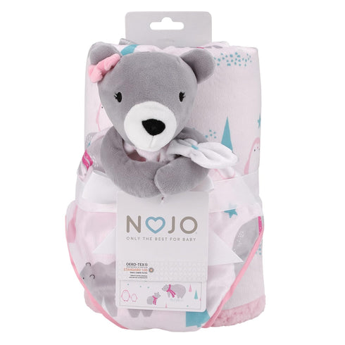 NoJo Girl Bear and Penguins White, Gray, Pink Super Soft Christmas Sherpa Baby Blanket and Security Blanket Set