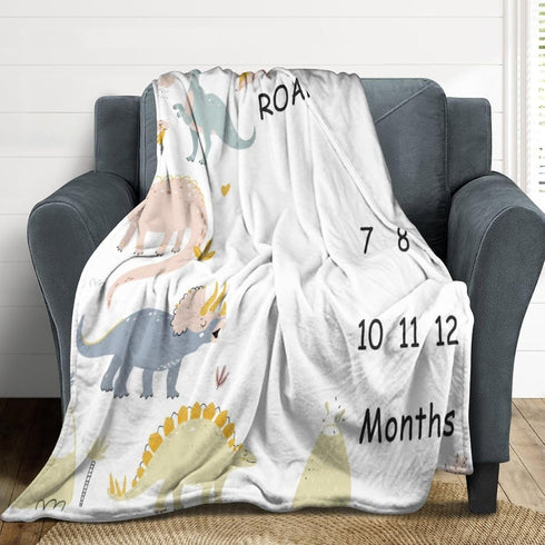 Dinosaur Baby Monthly Milestone Blanket for Boys, Soft Flannel Photography Background Prop, Personalized Shower Gift
