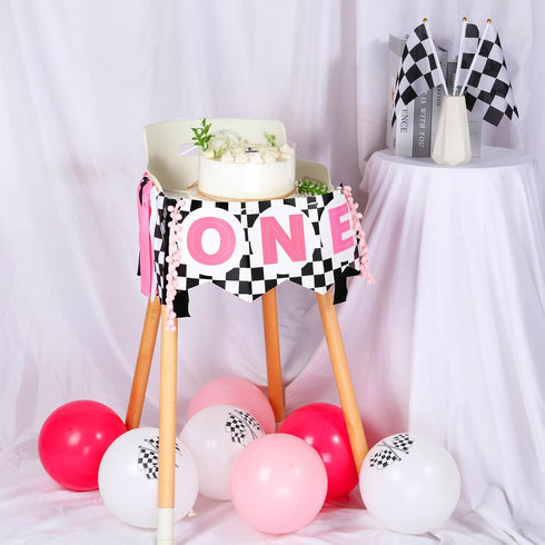 1st JOYMEMO Fast One Birthday High Chair Banner - Pink Black Race Car Birthday Party Decorations, Girl, One Year Old