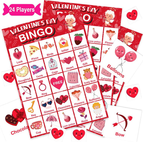 Valentines Day Large Size Bingo Game Card for Kids/Adults - 24 Players, Valentine Party Favor