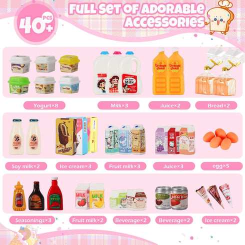 kimo 40+ Playset. Mini Refrigerator Toy, Fill The Fridge with Ice Cream, Juice & Mini Food Toys for Dollhouse