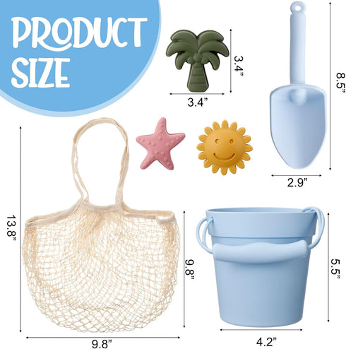 Hungdao 16 Pcs Colorful Silicone Beach Toys Set, Includes 3 Buckets, 3 Shovels, 9 Molds, 1 Beach Bag