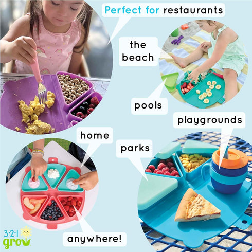 3 Silicone On-The-Go Snack Mat Foldable Reusable Placemat with Compartments and Lids Travel-Friendly Baby and Toddler