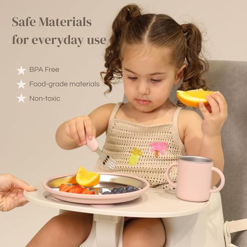 Set (6-Piece) Set (6+ Stainless Steel Baby Feeding Suction Plate & Bowl, Straw Cup, Spoon, Fork & Bib Non-Toxic