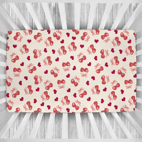 Cstdyfrv 52''x28'' Valentine's Day Cherry Baby Boys Girls Crib Sheets Pink Cherry Bows Love Heart Toddler Bed Sheets