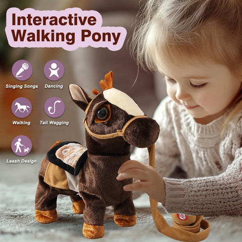 Marsjoy 3+ 11.81" 3+ Black Walking Pony Toy Musical Singing Dancing Plush Interactive Walk Along Toy Horse with Leash