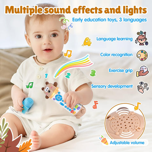 WeeHomm 3 6 Baby Remote Control Toy, Remote Teether for Baby with Realistic Light and Sounds - Languages (English