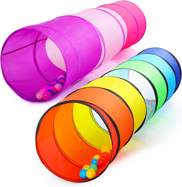 Kids Play Tunnel Tent - 2 Pack 6-ft Pop Up Crawl Tunnel Toy for Indoor & Outdoor Play, Rainbow & Pink Tunnels