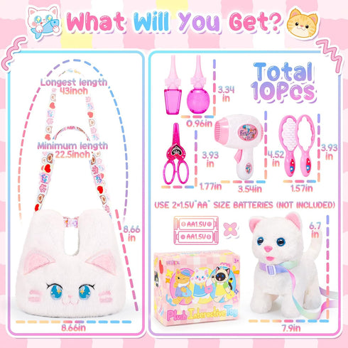 NINAOR Interactive Cat Toys for Kids with Crossbody Bags, Stuffed Cat Plush with Leash Walking Meow Pretend Play Kitty