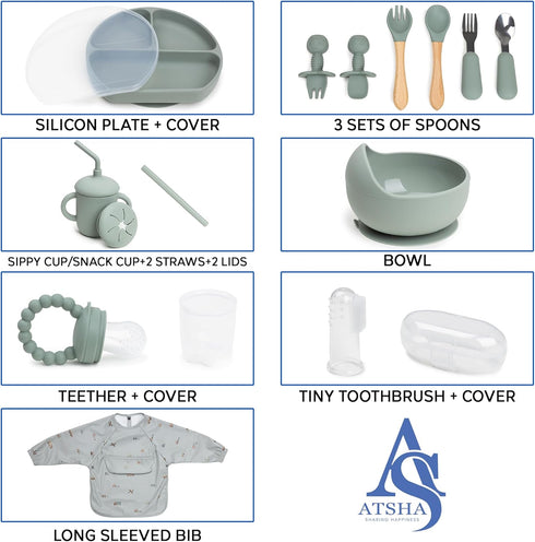 ATSHA Set 19 3 Set Silicone Baby Feeding - Pcs Baby Led Weaning Supplies, Suction Plate and Bowl, Sippy Cup, of Forks