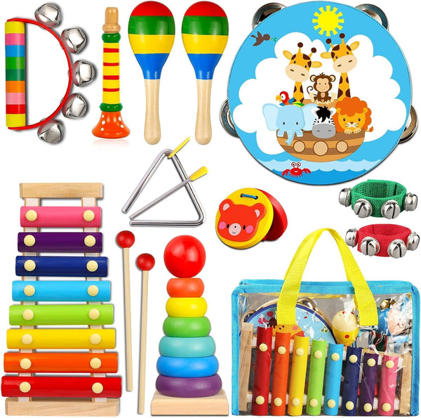 LOOIKOOS Wooden Toddler Musical Instruments Set, Educational Percussion Toys for Baby Kids with Carrying Bag