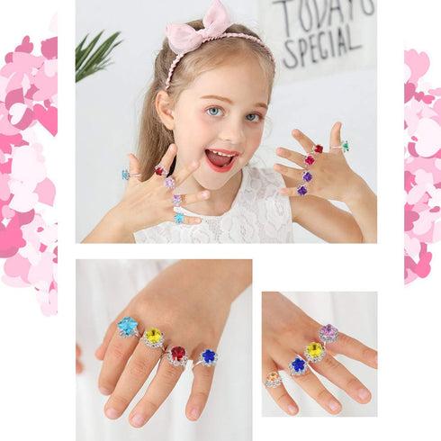 36pcs Adjustable Rhinestone Gem Rings Set for Little Girls with Heart Shape Display Case, Jewelry Rings