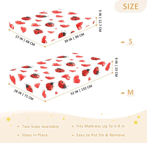 Mazeann 52" 28" 9" Red Ladybug Heart Crib Sheets Soft Breathable Fitted Cotton Baby Crib Sheets Mattress Cover for Girl