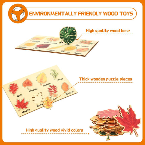 Kathfly 2 Pieces Leaf Wooden Jigsaw Puzzles Montessori Toy for Early Educational Learning Gift