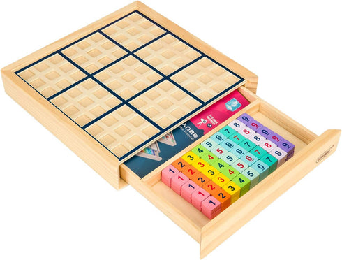 Wooden Sudoku Puzzles Board Game with Drawer, Colorful Math Brain Teaser Educational Desktop Game