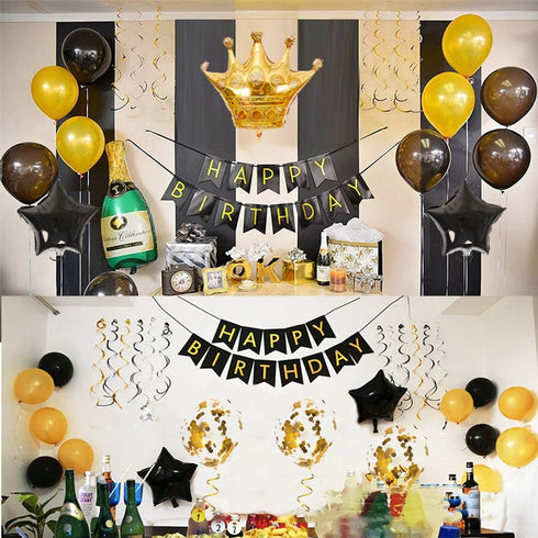 Birthday Party Decorations KIT - Happy Birthday Banner, Gold Crown Balloon, Gold and Black Latex Balloons