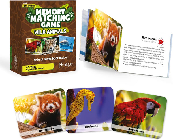 Menique Wild Animals Memory Matching Game, 80 Cards with Real Photos, Educational Booklet Included for Kids & Adults