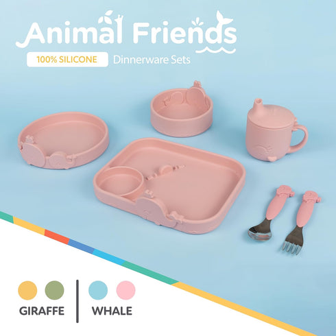 Nuby Animal Friend Silicone Round Bowl, Toddler Bowl for 6+ Months, Pink Whale