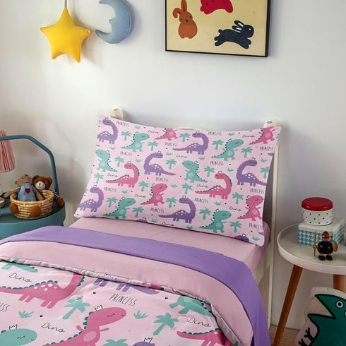 4 Set Sets Set Piece Toddler Dinosaur Bedding for Girls,Pink Dino Toddler Comforter Soft Bed Include Comforter,Fitted