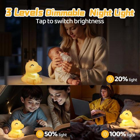 4 Dimmable Mewaii Huggwaii Squishy Dinosaur Night Light for Kids, White Noise Silicone Kids Night Light, Long Battery