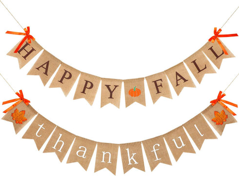 2 Pieces Happy Fall Banner Thankful Burlap Thanksgiving Banner for Mantle, Pumpkin Maple Leaf Garland Decoration