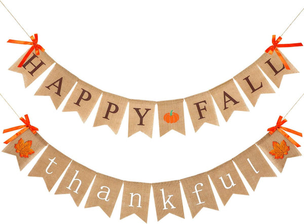 2 Pieces Happy Fall Banner Thankful Burlap Thanksgiving Banner for Mantle, Pumpkin Maple Leaf Garland Decoration