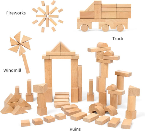 MEEYOO 100pcs 1-3, Natural Beech Wooden Building Blocks for Toddlers Wooden Blocks for Baby Shower with Storage Bucket