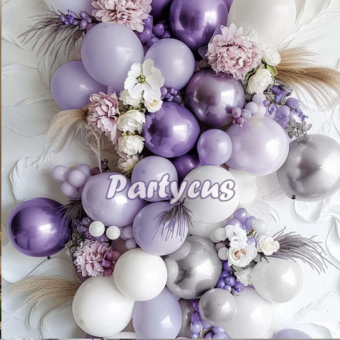Pastel Purple White Balloon Arch Double Stuffed, Light Lavender Pearl Balloon Garland Kit with Metallic Lilac Silver