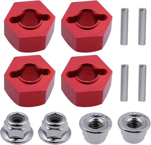 Hobbypark Aluminum 12mm Hex Wheel Hubs (4) & Flanged M4 Lock Nuts (4) for Traxxas 1/10 Slash 4x4 RC Car (Red)