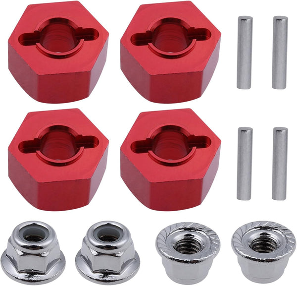 Hobbypark Aluminum 12mm Hex Wheel Hubs (4) & Flanged M4 Lock Nuts (4) for Traxxas 1/10 Slash 4x4 RC Car (Red)