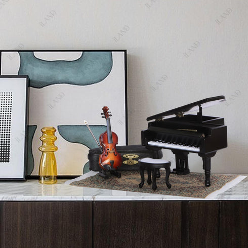 1/12 iLAND Piano Music Box & Miniature Violin w/Giftbox, Scale Accessories of Dollhouse Piano Room with Timeless Melody