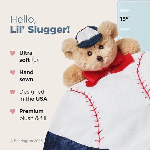 Bearington Collection Lil’ Slugger Snuggler Plush Baseball Lovey, 15 in Plush & Satin Security Blanket