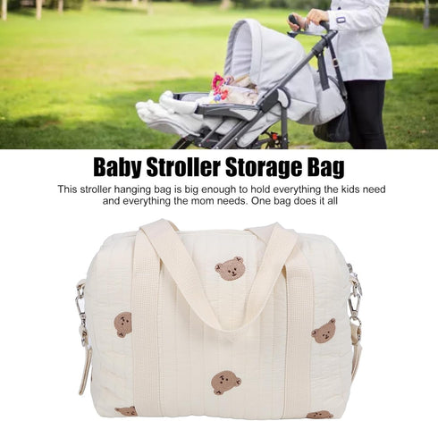 SUNGOOYUE Baby Stroller Storage Bag, Large Capacity Hanging Organizer with Zipper Pockets Cotton Stroller Bag for Mom