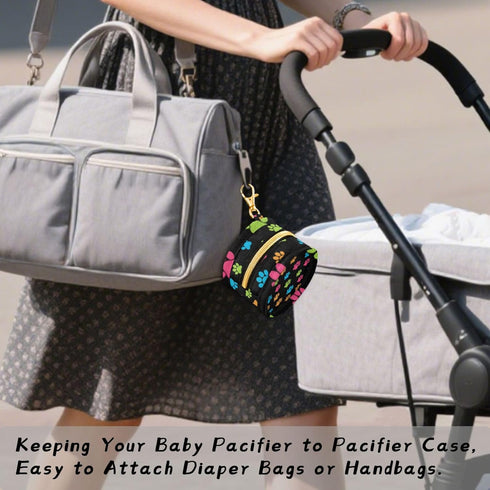 PYBUG Paw Print Round Pacifier Storage Case, Polyester & TPU Lined with Hook Buckle, Pacifier Container Box for Baby