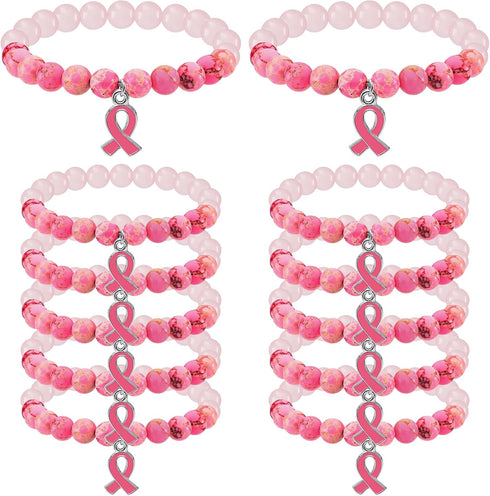 Karenhi 12 Pcs Breast Cancer Awareness Beaded Bracelets, Pink Ribbon Natural Stone Inspirational Gifts for Women