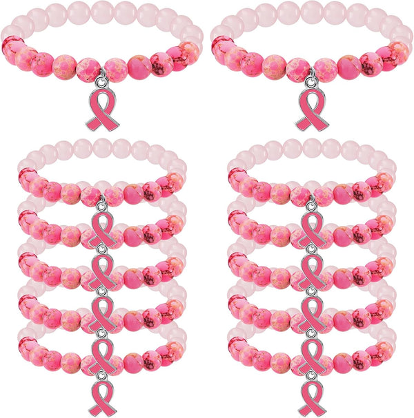 Karenhi 12 Pcs Breast Cancer Awareness Beaded Bracelets, Pink Ribbon Natural Stone Inspirational Gifts for Women