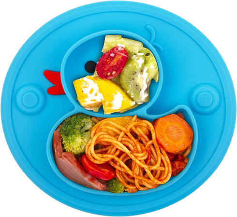 Baby Divided Plate Silicone - Portable Non Slip Feeding Plate with Suction Cup for Kids, BPA Free (Duck-Blue)