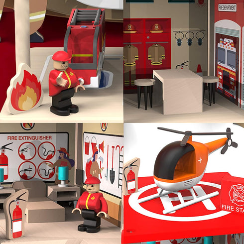 Wooden Fire Station Playset, Multicolor 3-Level Dollhouse with Figures and Accessories for Kids Age 3+